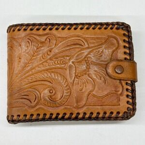 Vtg  Joo-Kay Real Leather Tooled Floral Bifold Wallet Western‎ Whipstitch Brown